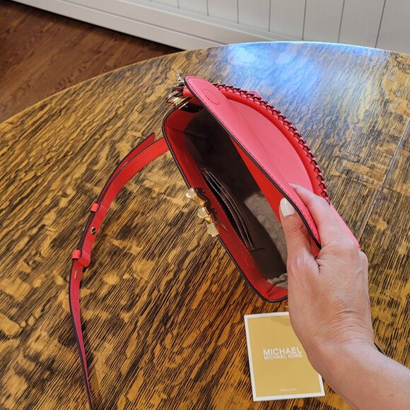 NWOT Michael Kors Gold Studded Crossbody Bag. Red. Gold Chain. Removable Strap. - Picture 13 of 16